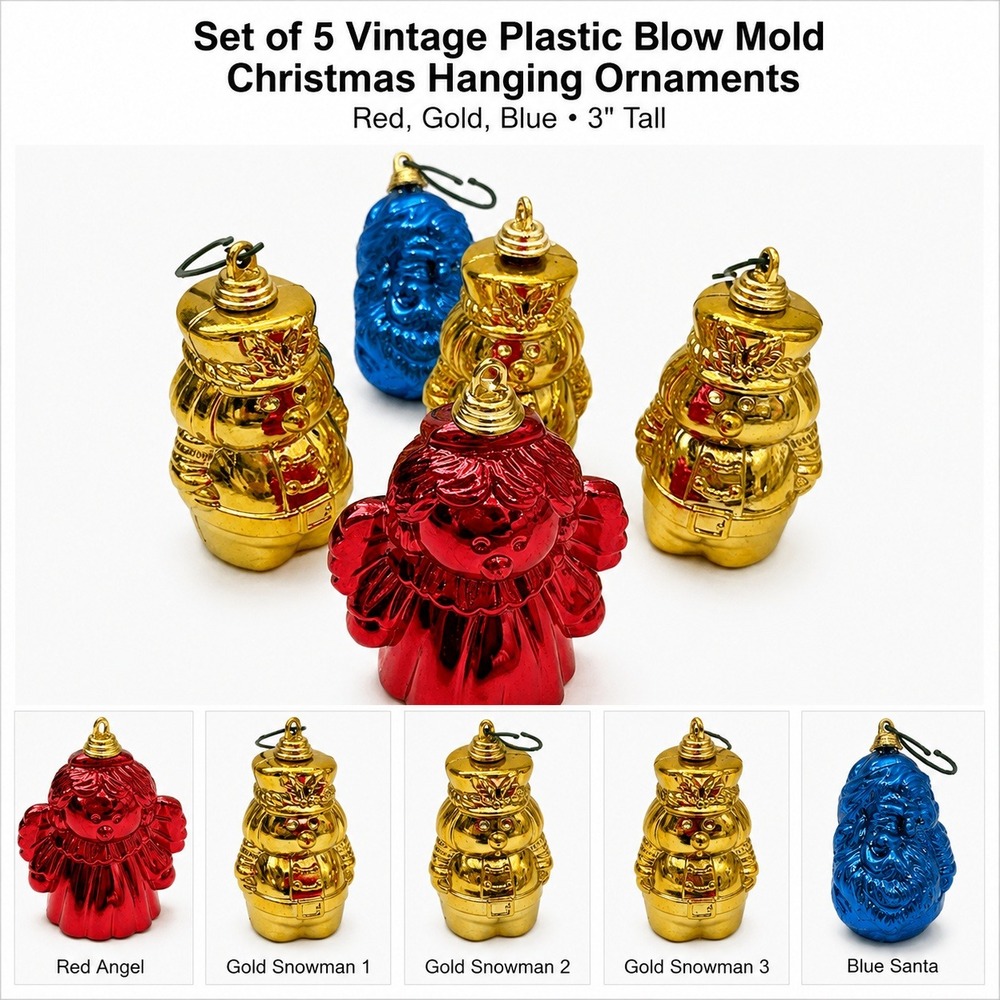 Vintage Metallic Plastic Christmas Ornaments Set 5 Santa Angel Soldier Taiwan 3"